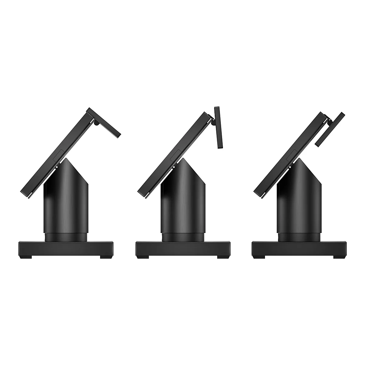 Drei schwarze Bildschirme in unterschiedlichen Neigungswinkeln. Auf weißen Hintergrund.