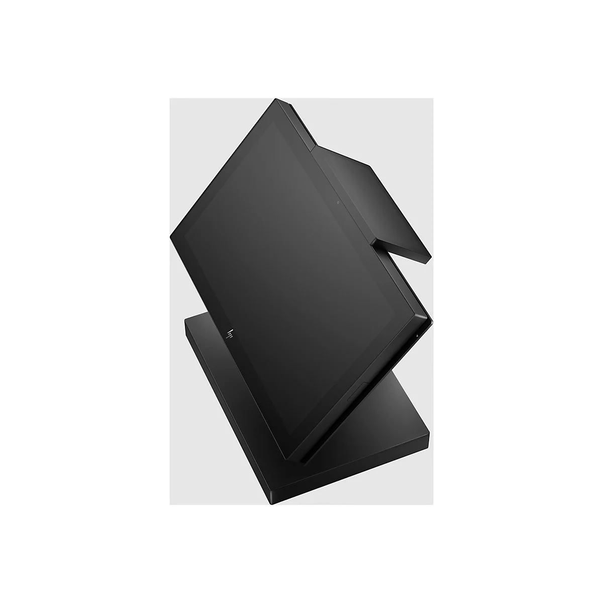 Schwarzer All-in-One-PC von HP auf weißem Hintergrund, schräg von unten fotografiert. Der Touchscreen ist leicht geneigt.