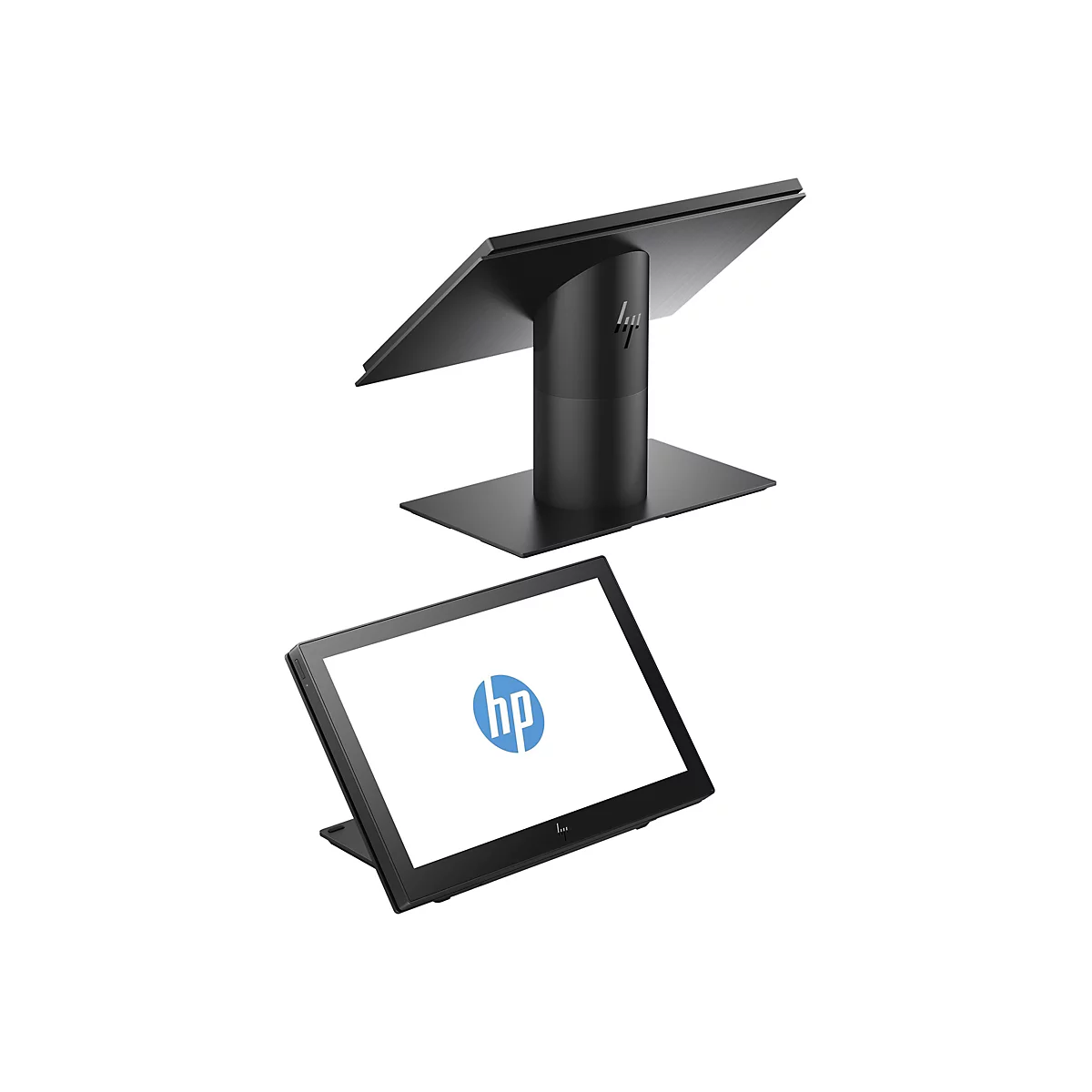 Zwei schwarze HP-Touchscreens mit einem weißen Hintergrund. Der obere Bildschirm ist gekippt, der untere Bildschirm ist flach.