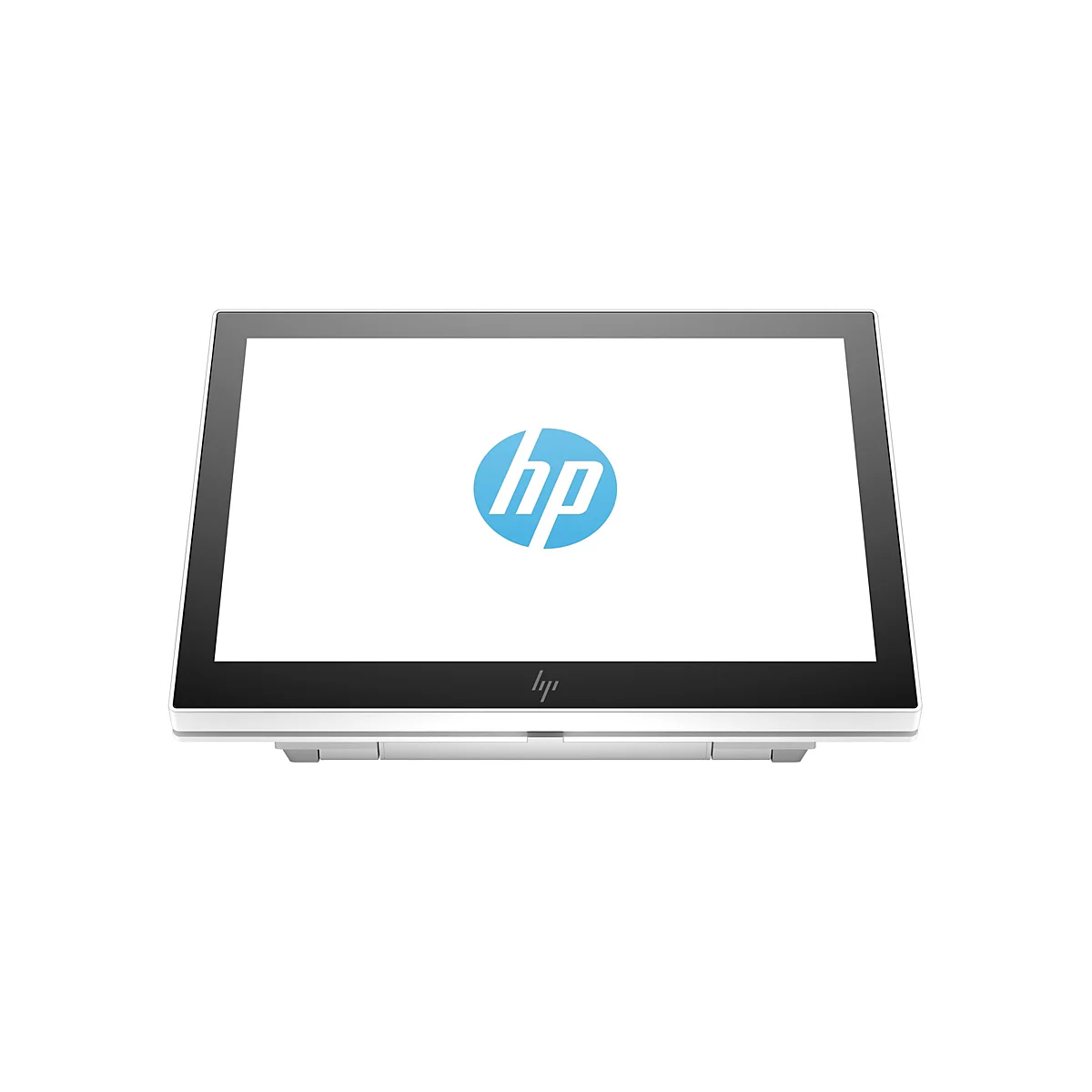 Ein HP All-in-One-Computer auf weißem Hintergrund. Der Bildschirm zeigt das blaue HP Logo.