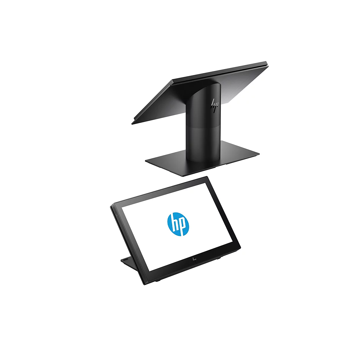 Zwei schwarze Monitore, einer angehoben, der andere aufgestellt, mit HP Logo auf weißem Bildschirm.