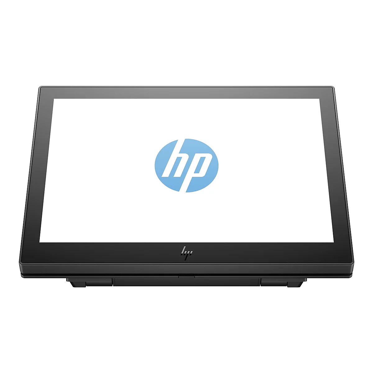 Ein schwarzer HP-Touchscreen-Monitor mit dem HP-Logo auf weißem Hintergrund.