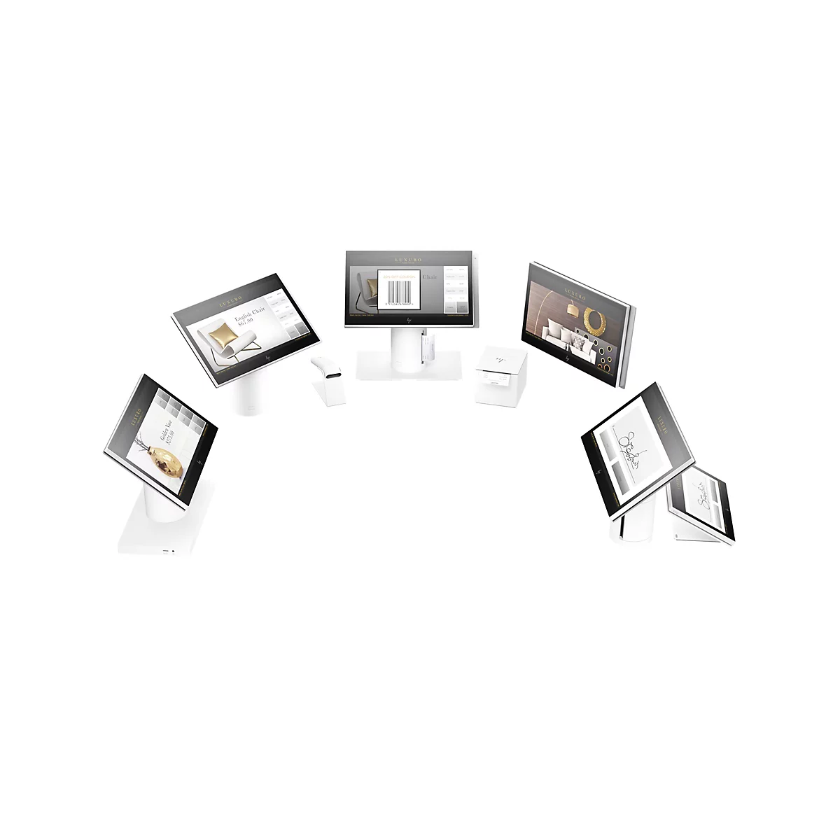 Mehrere digitale Anzeigetafeln auf weißem Sockel, zeigen Produktinformationen von Luxuro.