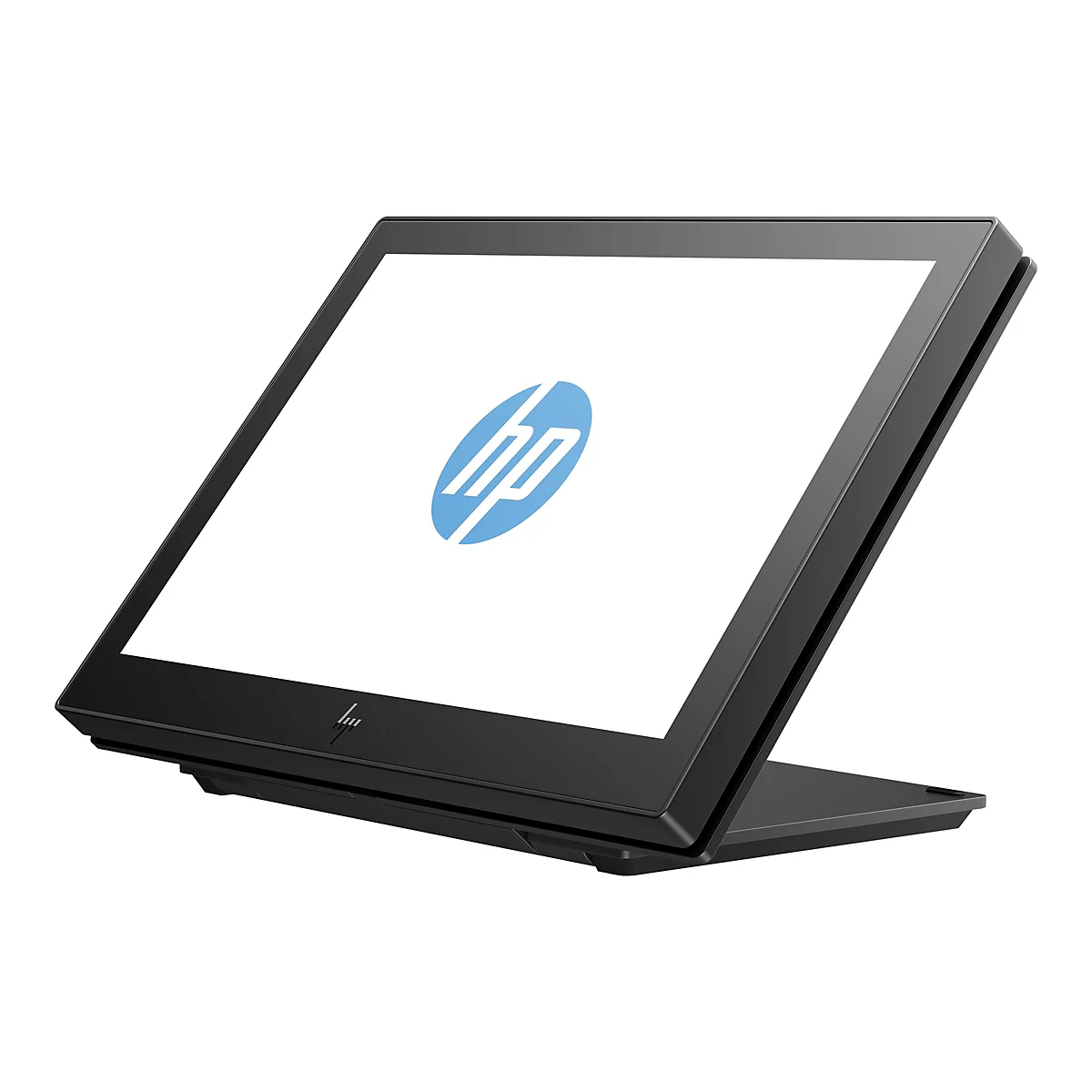 Schwarzes HP Touchscreen-Terminal mit weißem Bildschirm und blauem HP-Logo. Das Terminal ist in einem Winkel aufgestellt.