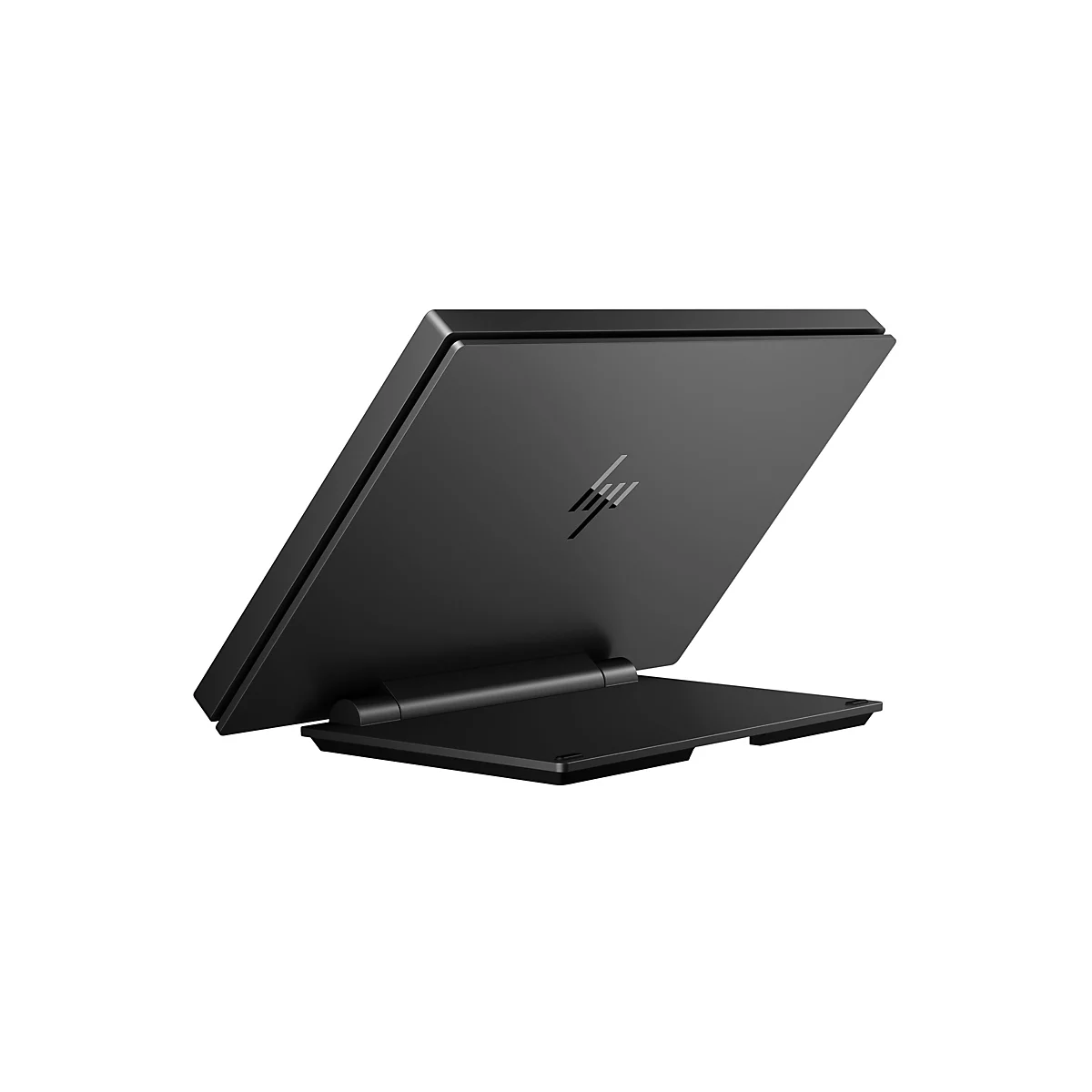 Schwarzes HP Touchscreen-Display, leicht angewinkelt, mit HP-Logo. Das Display steht auf einem Standfuß.