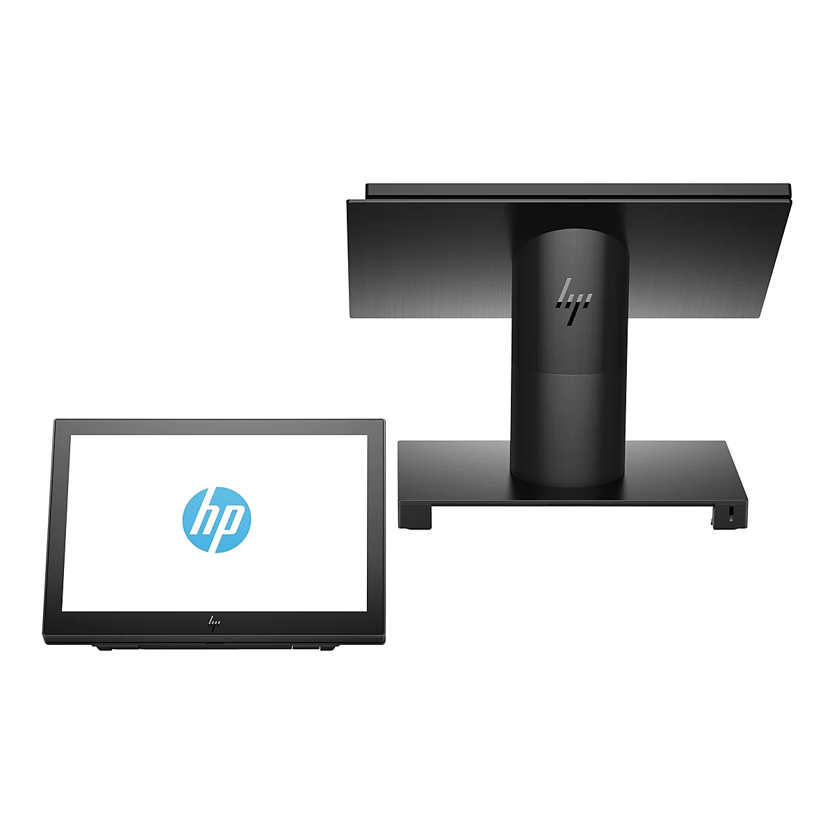 Schwarzer HP-Touchscreen-Monitor mit aufrechtem Ständer; im rechten Winkel dargestellt. Das HP-Logo ist auf dem Bildschirm zu sehen.