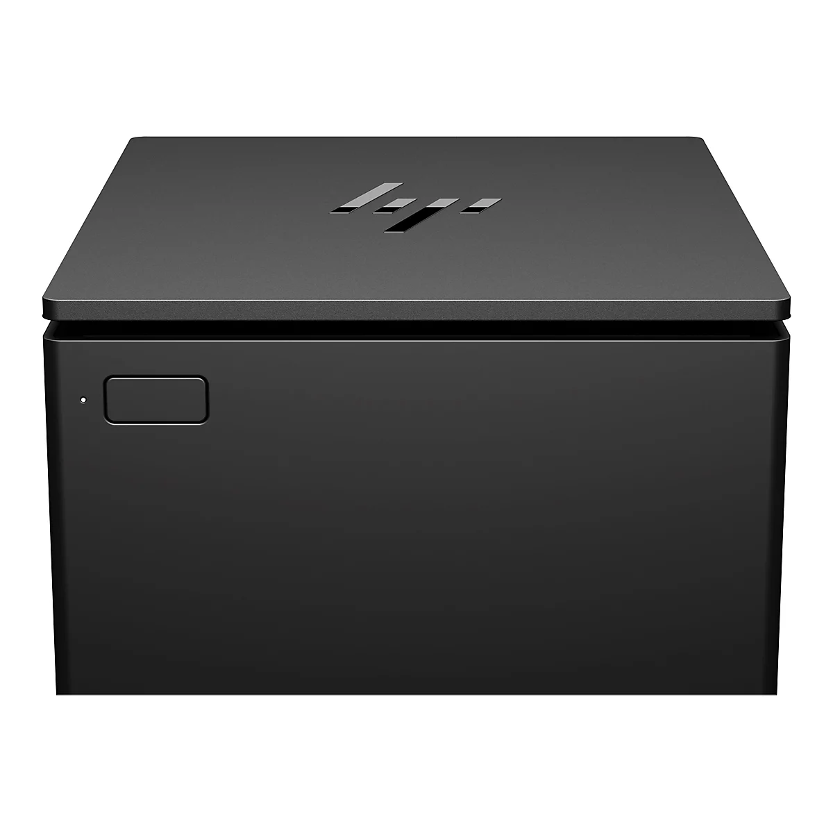 Ein schwarzer, quaderförmiger HP-Mini-PC. Oben das HP-Logo, auf der Vorderseite ein rechteckiger Einschaltknopf.