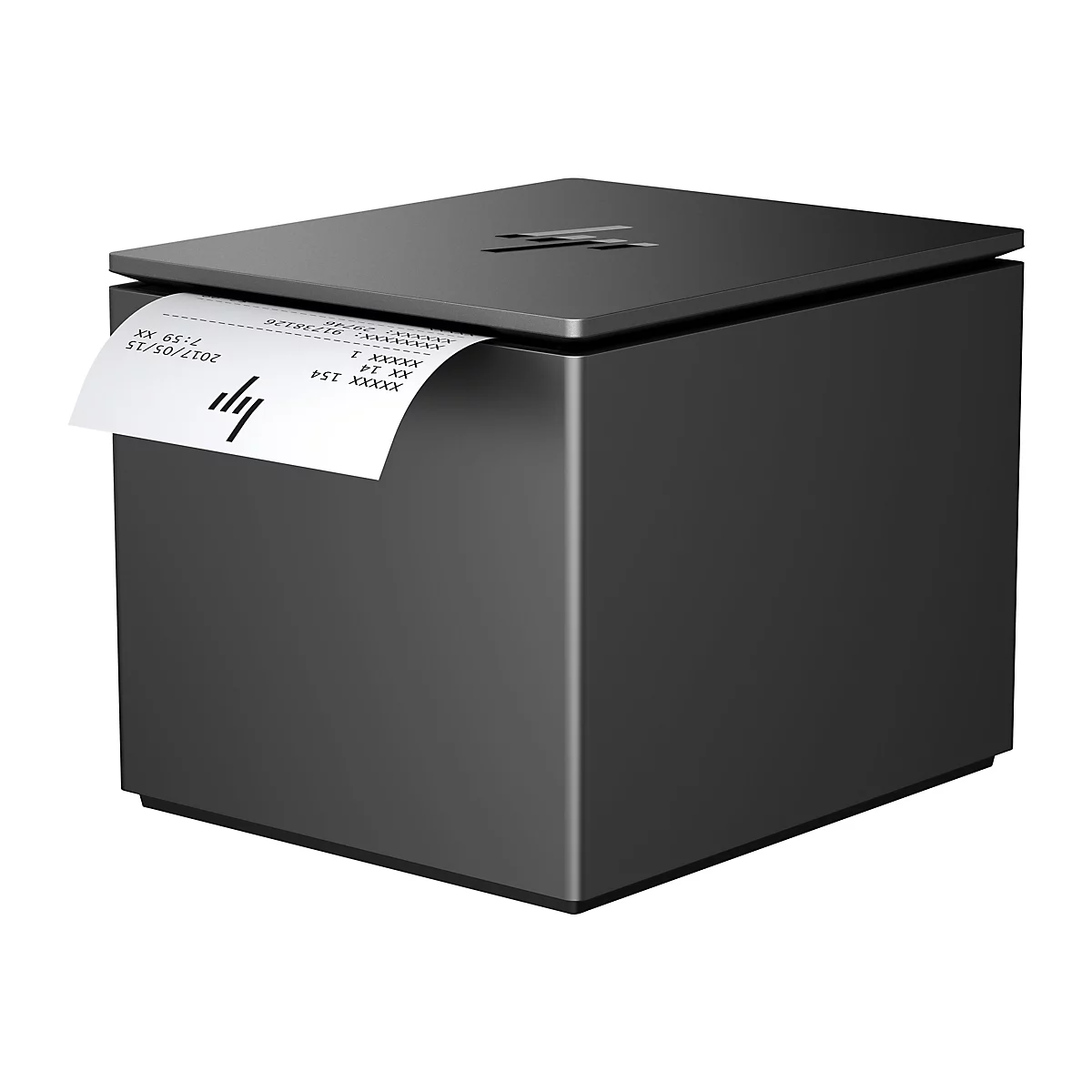 Schwarzer HP-Thermodrucker mit einem herausragenden Beleg. Auf dem Druckerdeckel ist das HP-Logo.