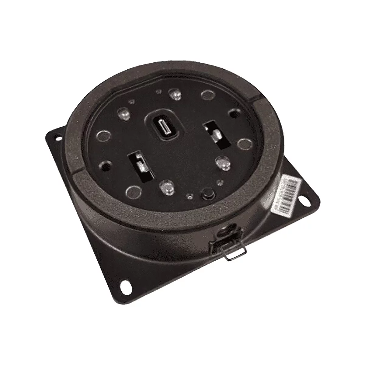 Schwarzes elektronisches Bauteil mit quadratischer Basis, rundem Oberteil, Schraubenlöchern und kleinen Öffnungen.