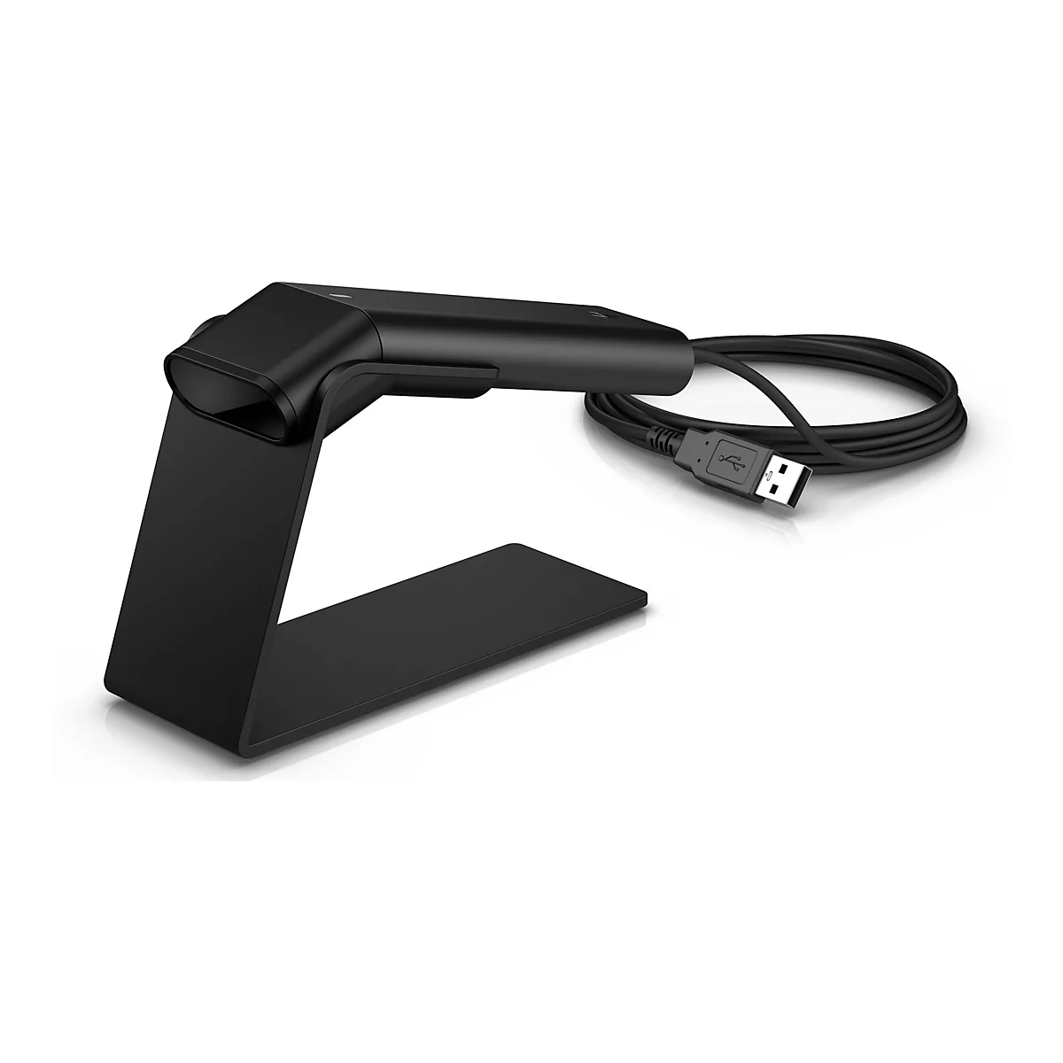 Ein schwarzer Barcode-Scanner mit Ständer und USB-Kabel, auf weißem Hintergrund.