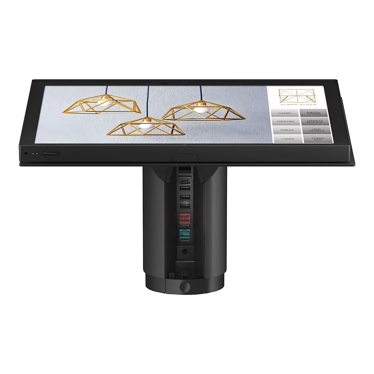 Ein schwarzes Touchscreen-Display auf einem Säulenfuss, zeigt Hängelampen. Auf dem Display gibt es Auswahlmöglichkeiten für Stühle, Sofas, Tische und Lampen.