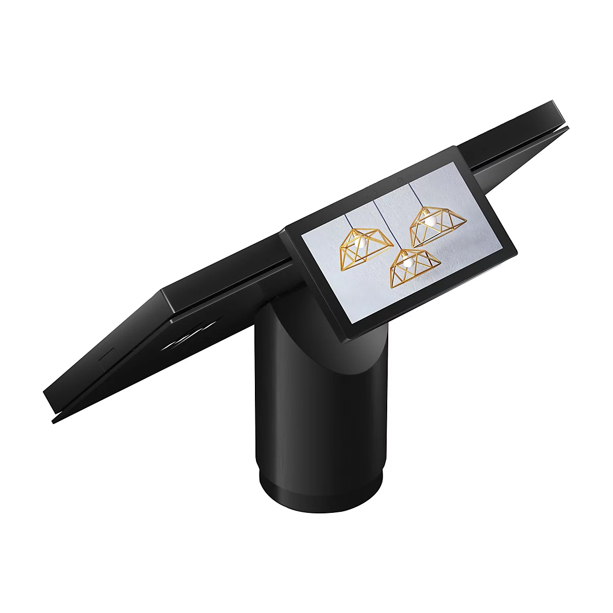 Ein schwarzes, modernes Informationssystem mit einem geneigten Bildschirm, der drei goldfarbene Lampen zeigt.