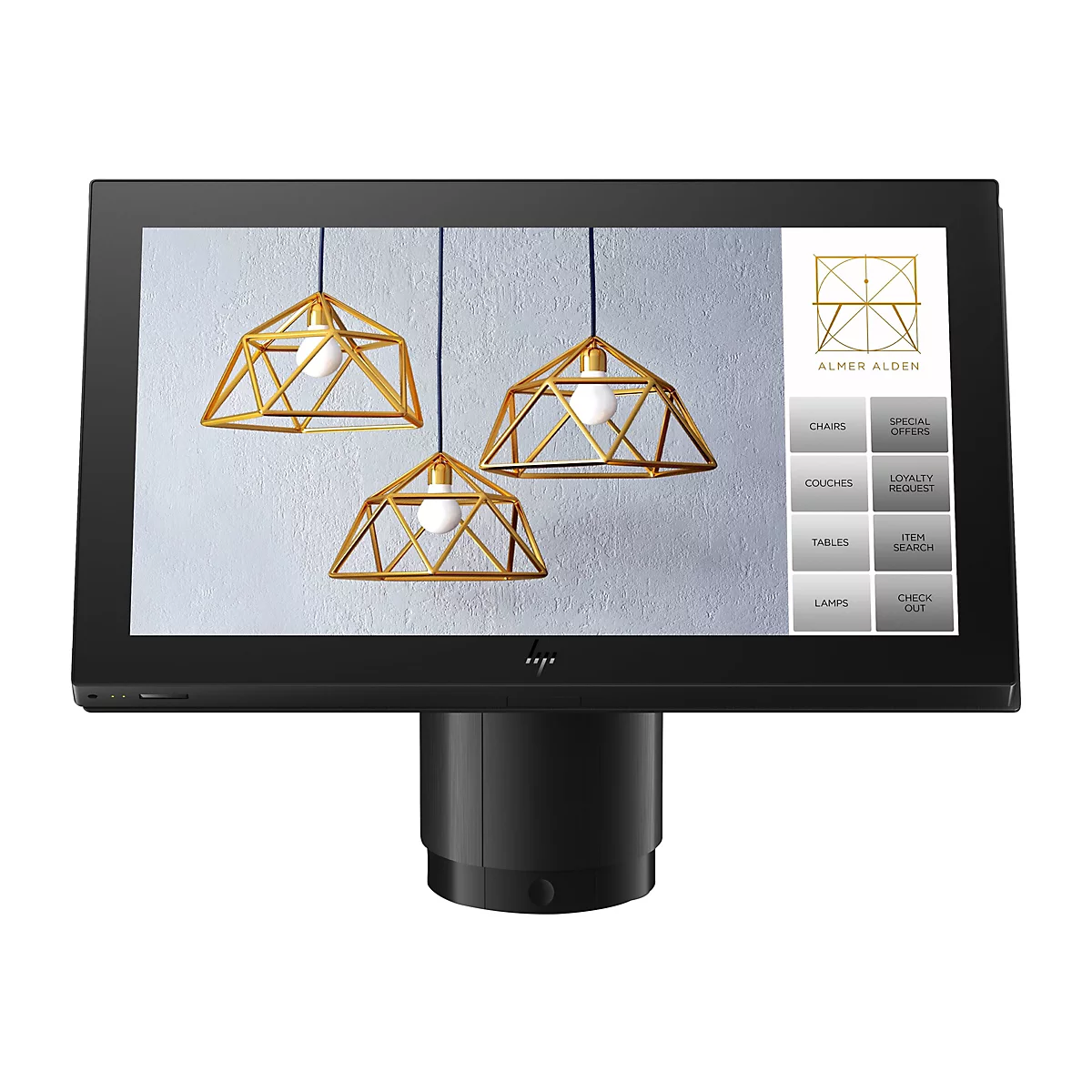 Ein Touchscreen mit einem Hintergrund mit goldfarbenen Lampen. Auf der rechten Seite befinden sich Schaltflächen mit Text.