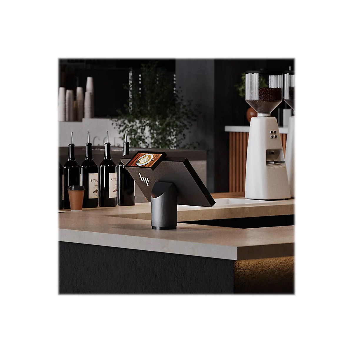 Kassensystem in einem CafÃ©, mit HP Logo, Kaffeebecher-Symbol und KaffeemÃ¼hle im Hintergrund.