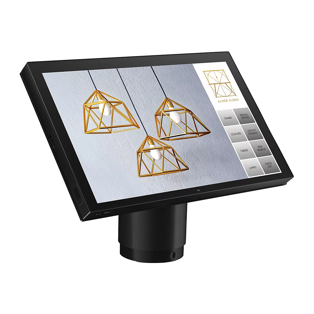 Schwarzer Touchscreen, zeigt Hängelampen. Das Menü listet: Stühle, Couches, Tische, Lampen, Sonderangebote, Treueantrag, Artikelsuche und Auschecken.