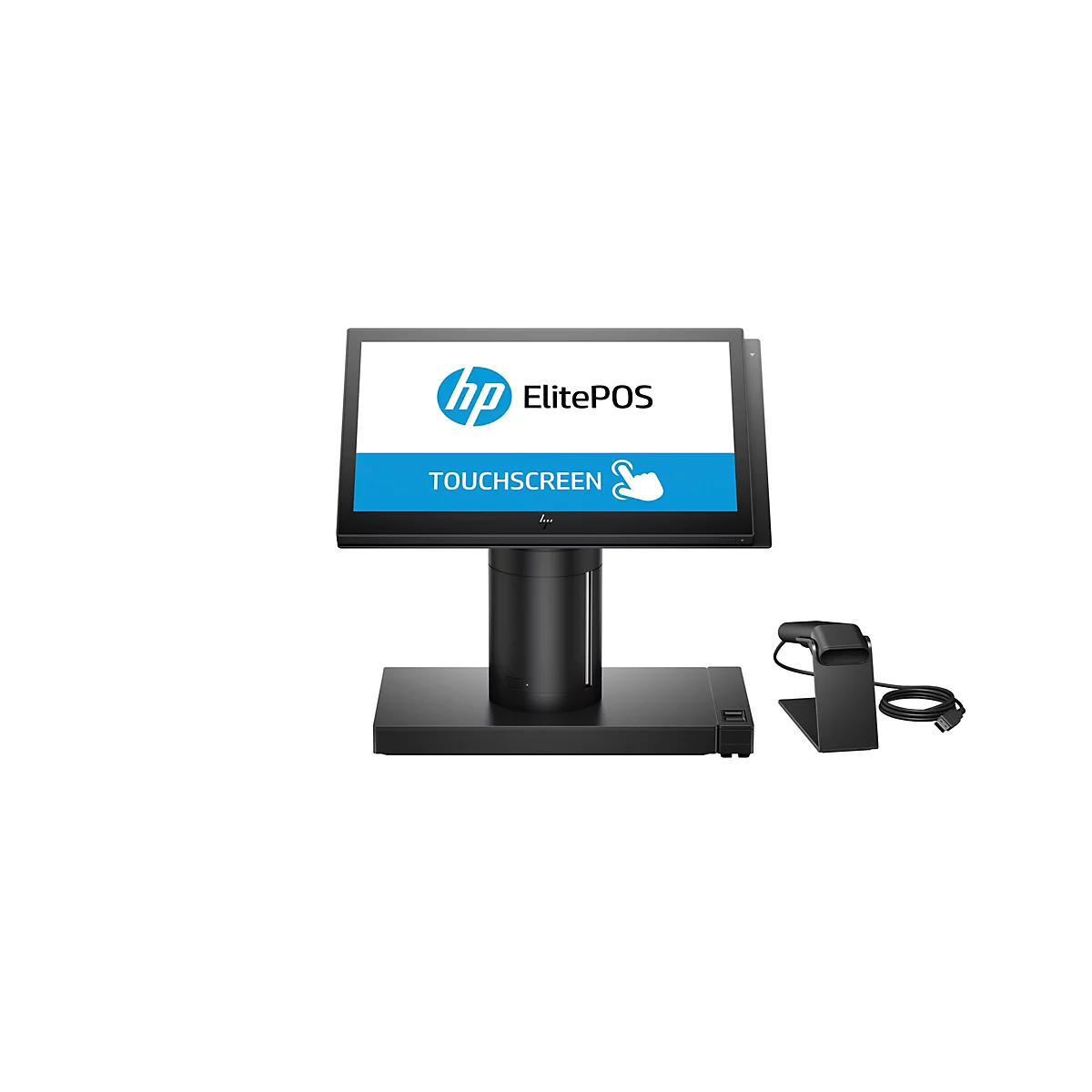 Ein schwarzes HP ElitePOS-Touchscreen-Kassensystem mit Barcodescanner, vor weißem Hintergrund.