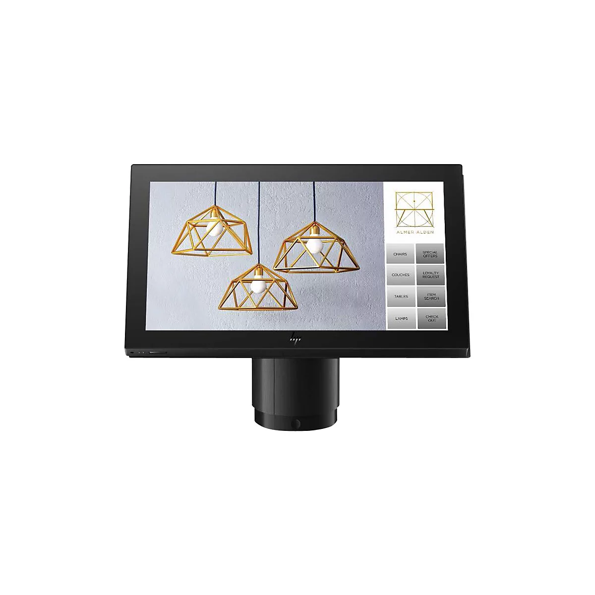 Ein schwarzer Touchscreen-Monitor, der eine Beleuchtungsanzeige mit goldenen Lampen zeigt. Auf dem Bildschirm befinden sich Menüoptionen.