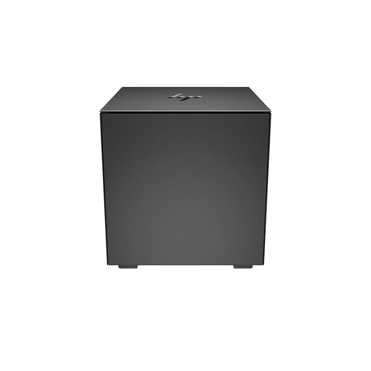 Ein schwarzer, rechteckiger Computer-Tower mit dem HP-Logo auf der Oberseite. Er steht vor weißem Hintergrund.