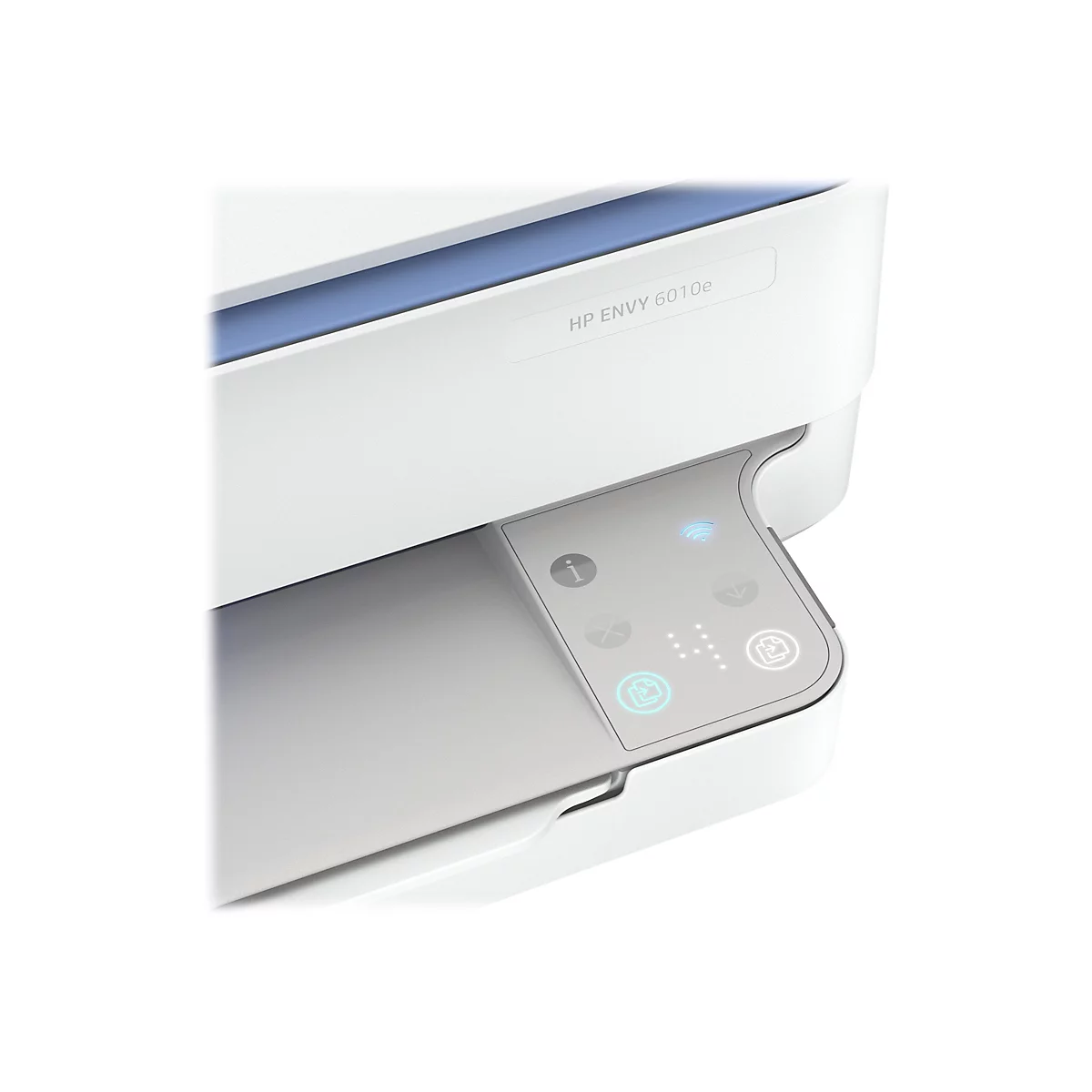 Nahaufnahme eines weißen HP ENVY 6010e Druckers. Auf der Bedienoberfläche leuchten Symbole.