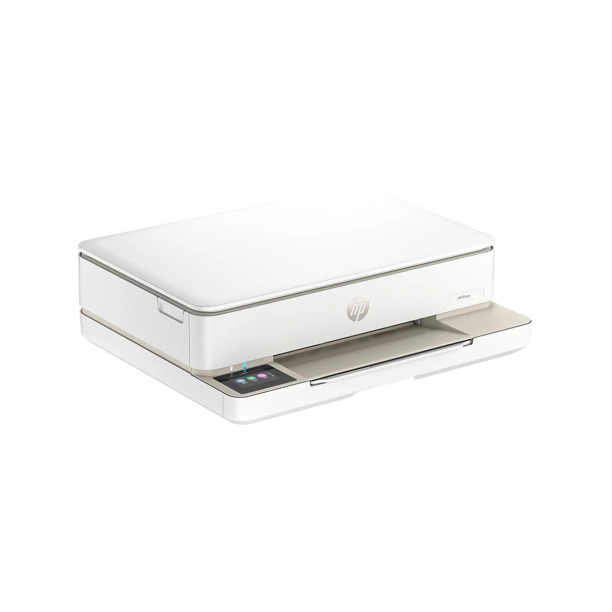 Une imprimante HP Envy blanche posée sur un fond blanc. Il y a des boutons sur le panneau de commande. Sur la droite se trouve l'inscription HP Envy.