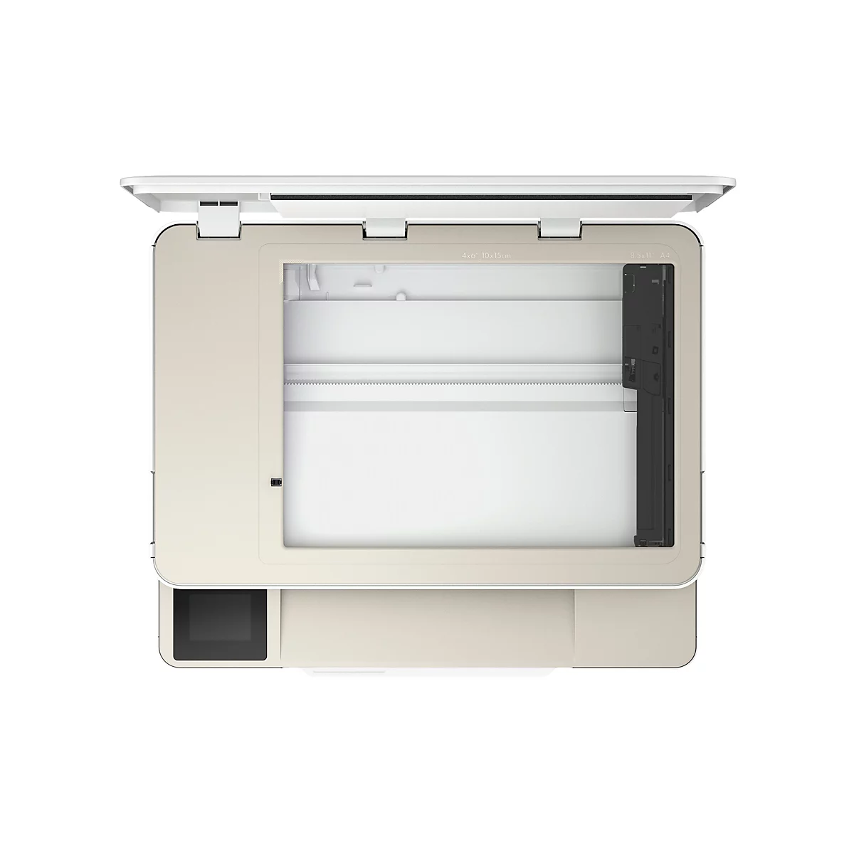 Draufsicht auf einen geöffneten Scanner. Der Deckel ist weiß, das Gehäuse hellbeige, innen ist ein weißer Scanbereich.