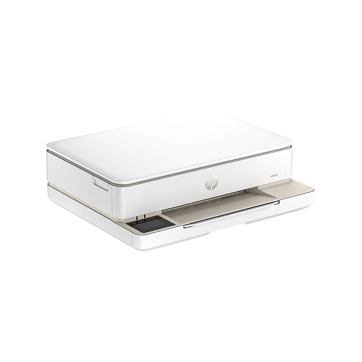 Weißer HP Envy Drucker, rechteckig, flach. Mit HP-Logo und Produktnamen.