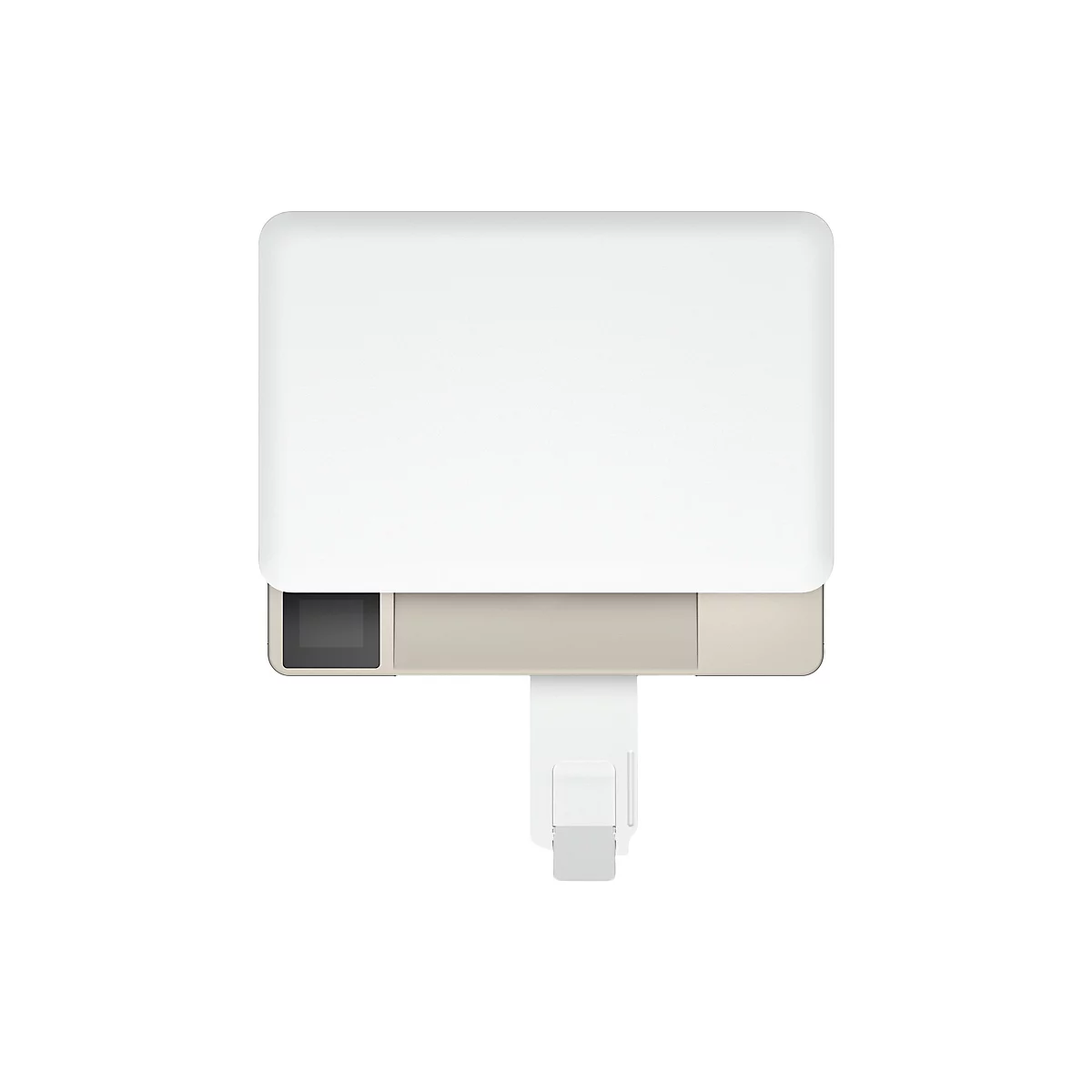 Draufsicht auf ein weißes Gerät mit rechteckigem Display und eckiger Aussparung. Darunter ein beigefarbenes Element.
