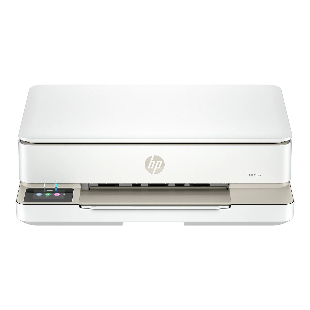 Weißer HP Envy Drucker mit Bedienfeld unten. Das HP Logo ist deutlich sichtbar. An der Seite steht HP Envy.