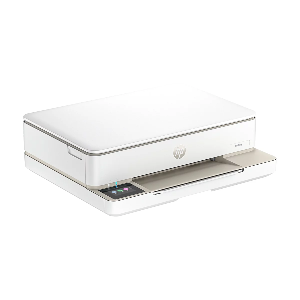 Eine weiße HP Envy Drucker-Draufsicht. Auf der Bedienoberfläche leuchten Anzeigen, daneben Touchscreen-Symbole.