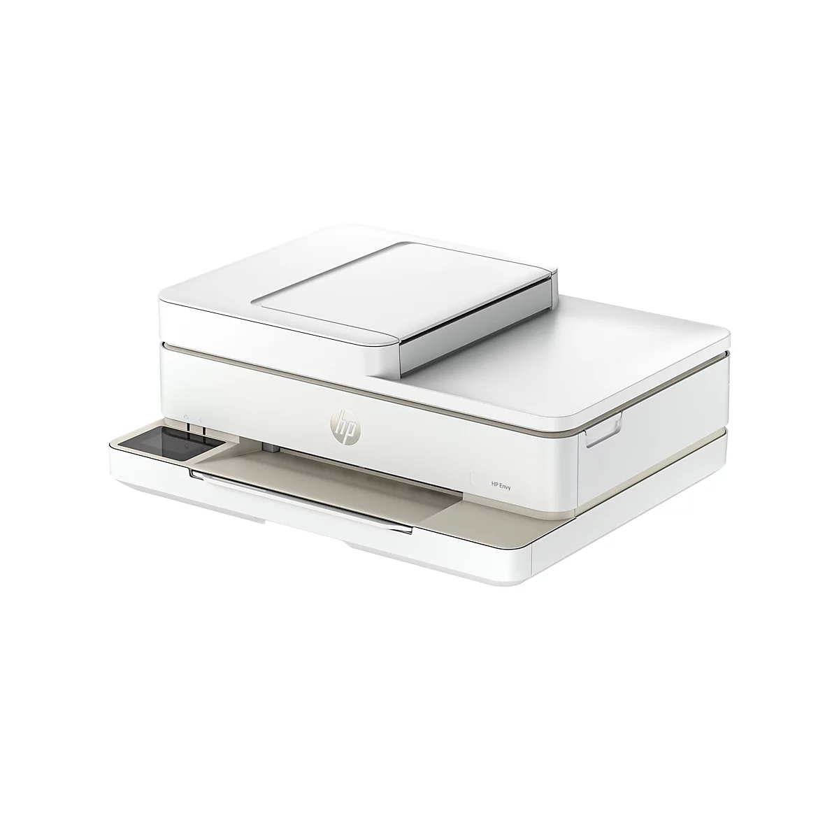 Weißer HP Envy Drucker, Ansicht von oben und schräg vorne. Auf dem Gehäuse der Drucker und die HP-Logo.