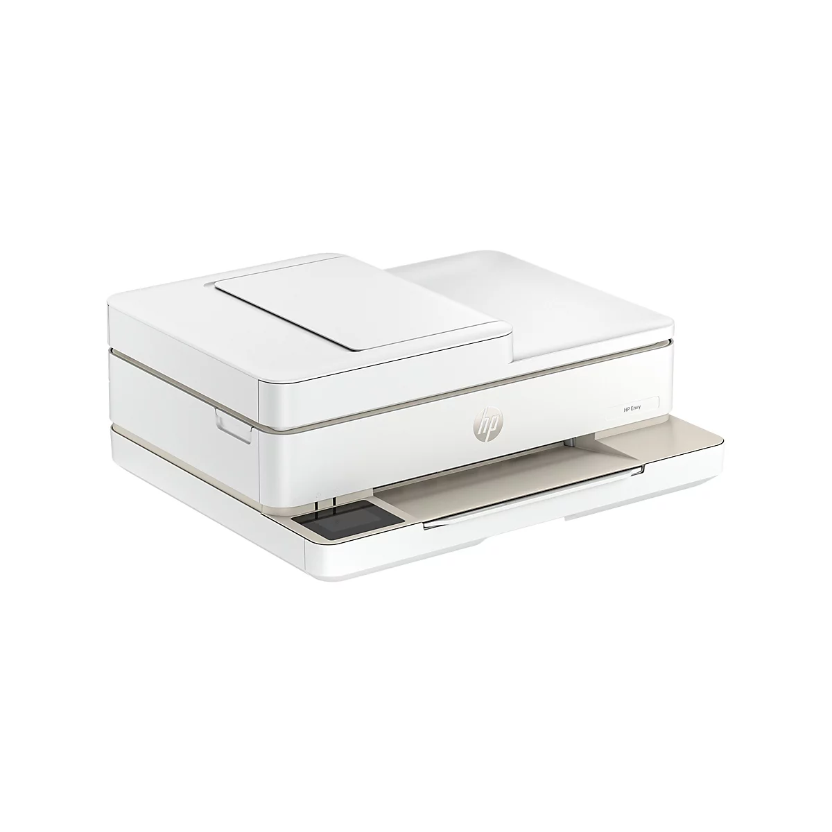 Ein weißer HP Envy Drucker auf weißem Hintergrund. Der Drucker hat eine eckige Form mit abgerundeten Ecken und eine eingezogene Papierausgabevorrichtung.