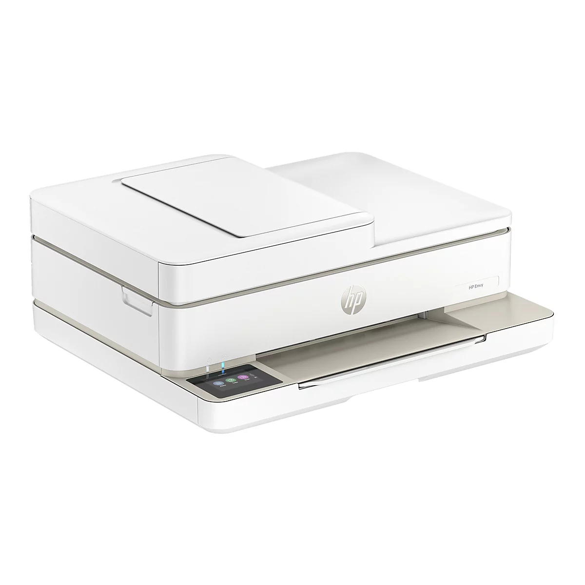 Weißer HP Envy Drucker. Das Bedienfeld leuchtet blau, grüne und rosa Tasten sind zu sehen.