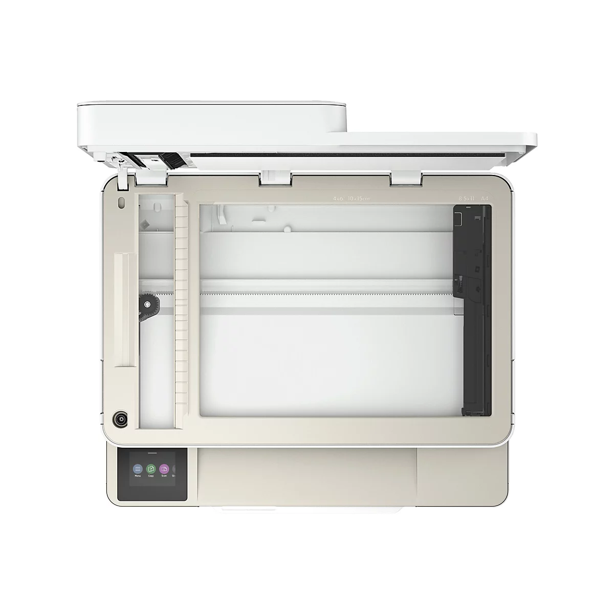 Draufsicht auf einen offenen Multifunktionsdrucker. Beige-weißes Gehäuse, Scanner und Bedienfeld sichtbar.