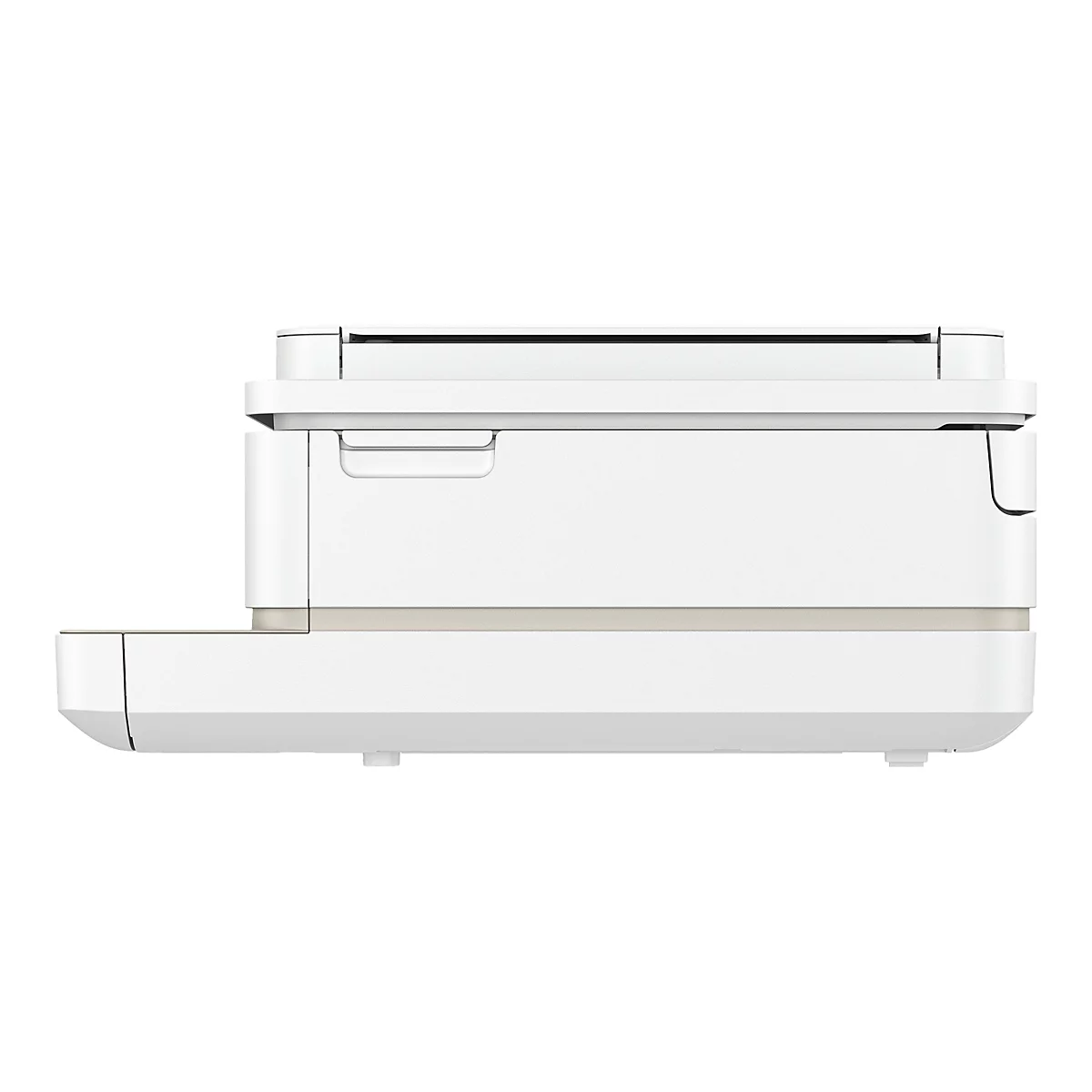 Ein weißer Drucker, Detailansicht. Deutlich erkennbar ist eine Griffmulde, eine beige Abgrenzung und runde Füße.