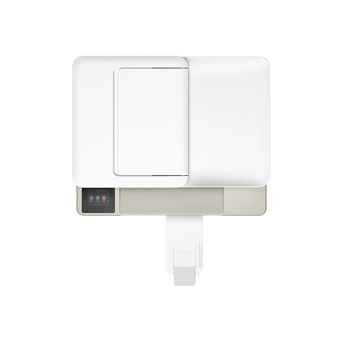 Draufsicht auf einen weißen Drucker mit grauem Unterteil und Touchscreen.