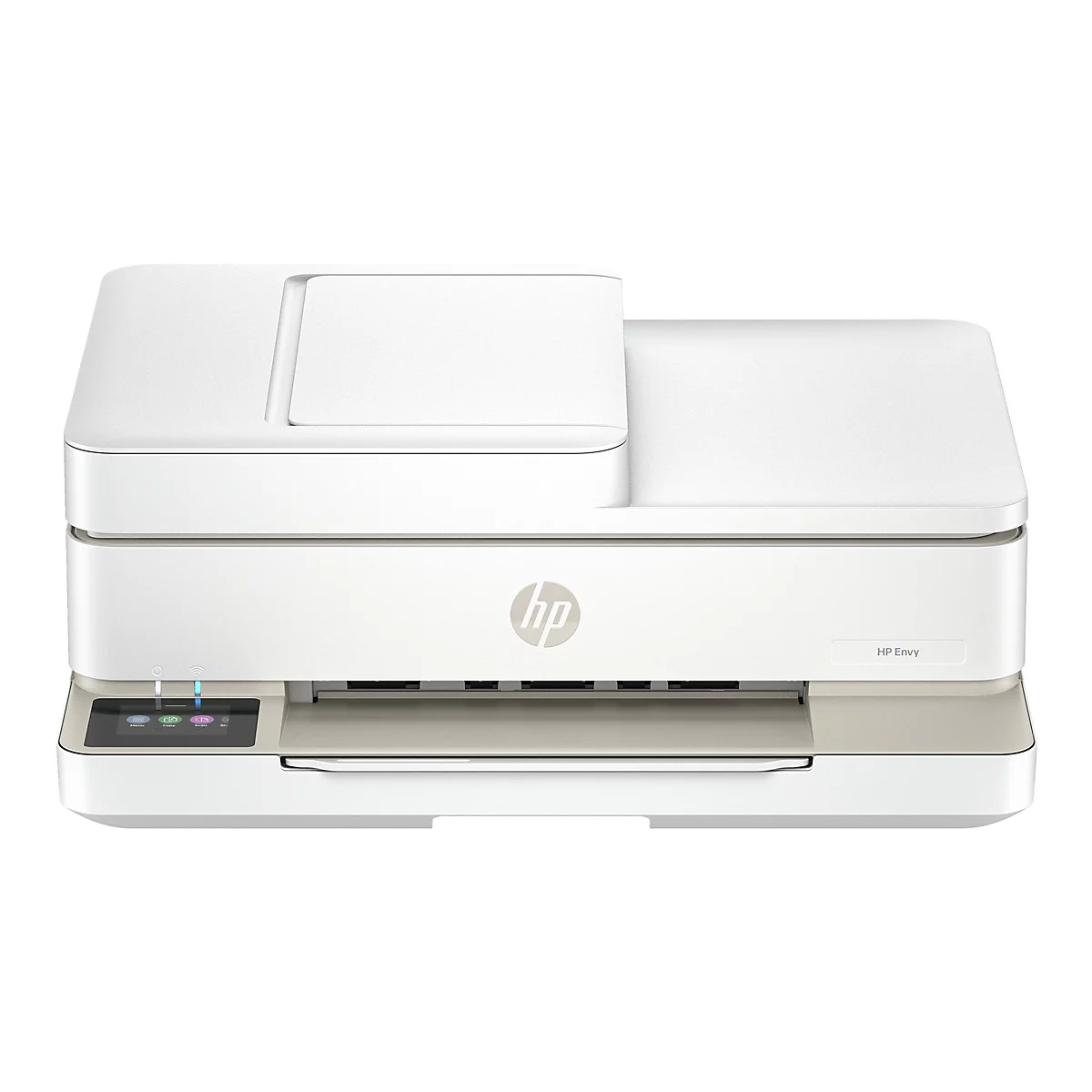 Draufsicht auf einen HP Envy Drucker, weiß-cremefarbenes Gehäuse, Bedienfeld mit Symbolen und Schriftzügen.
