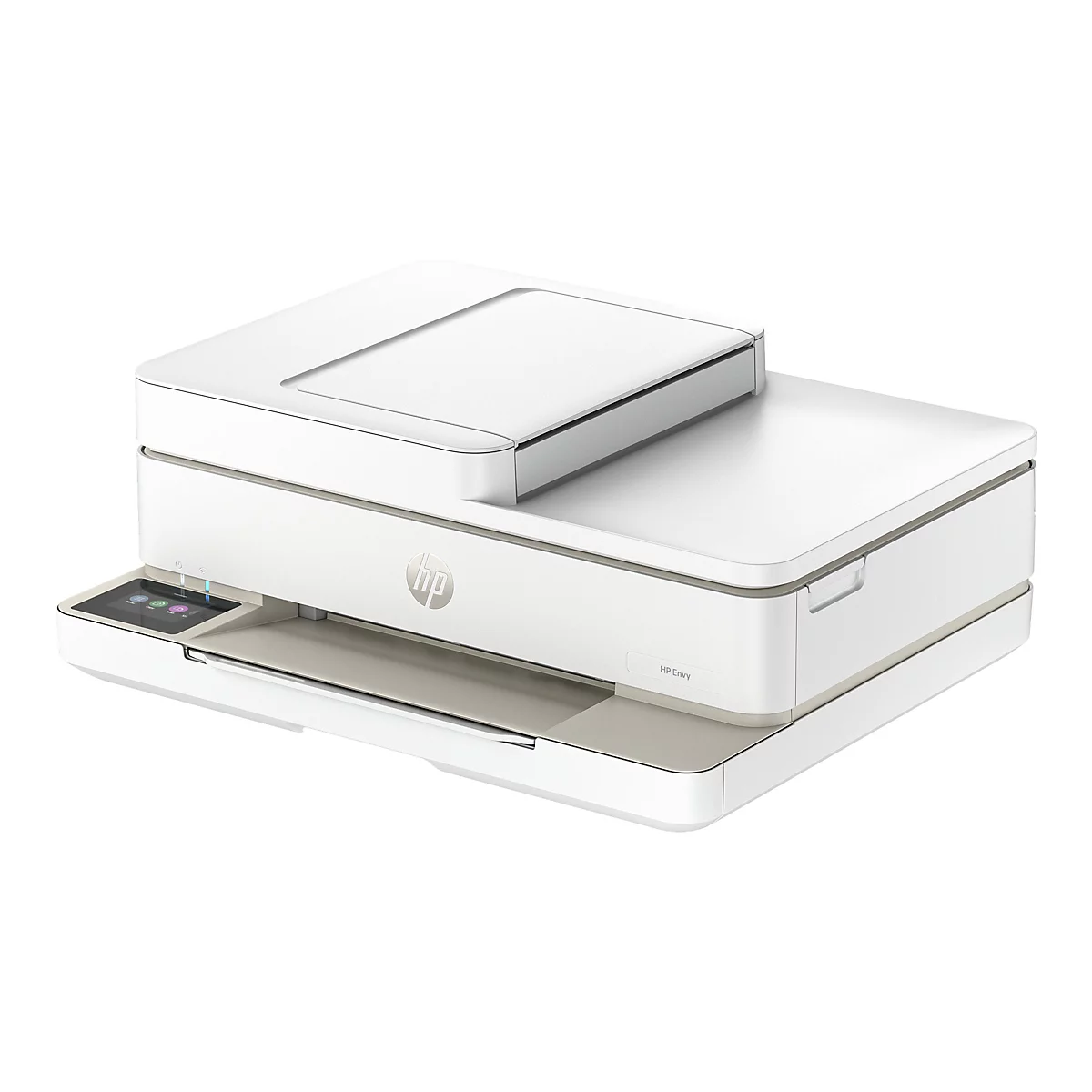 Weißer HP Envy Drucker mit Bedienfeld. Obendrauf ein Scanner.