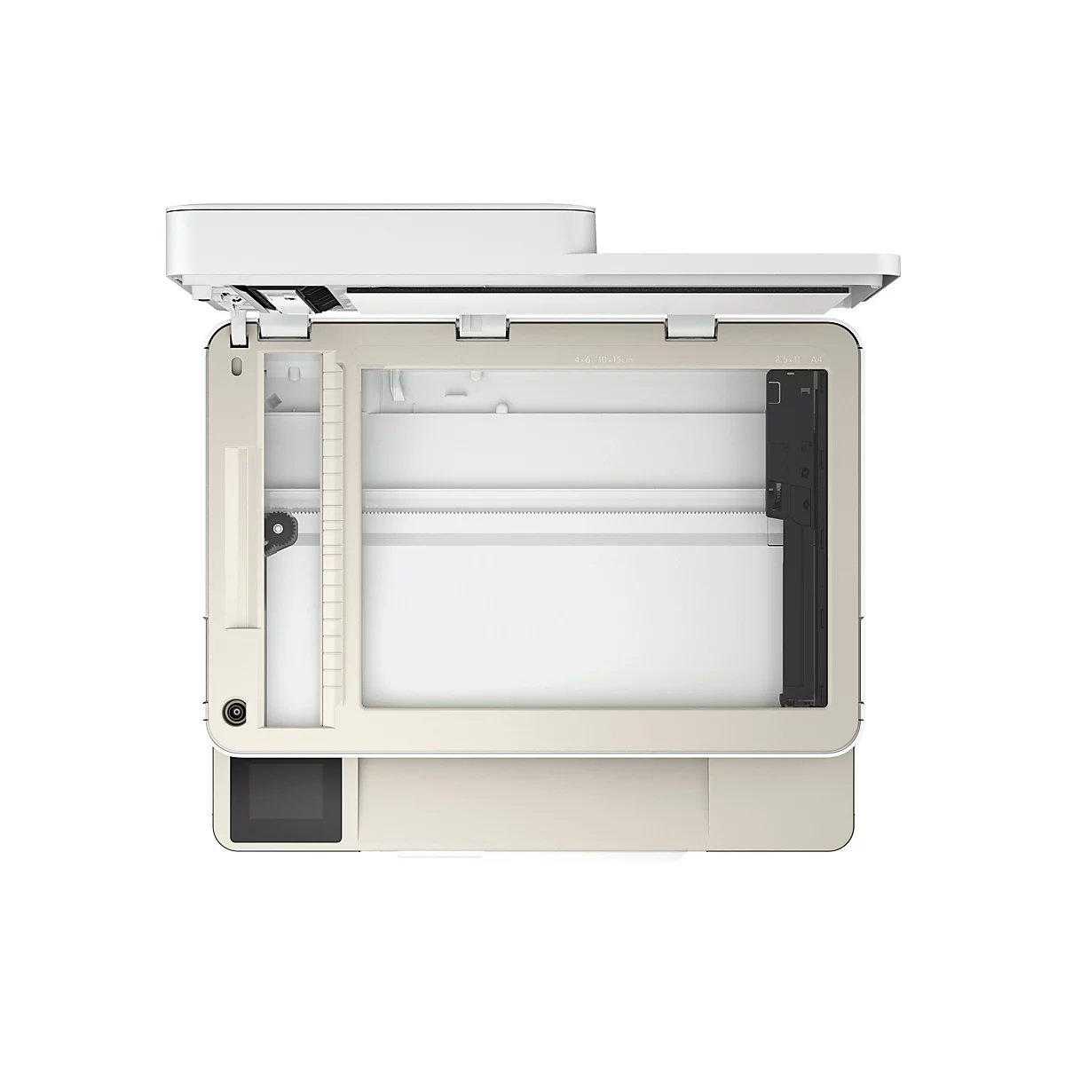 Vue de dessus d'une imprimante crème avec couvercle de scanner ouvert. Informations de taille imprimées.