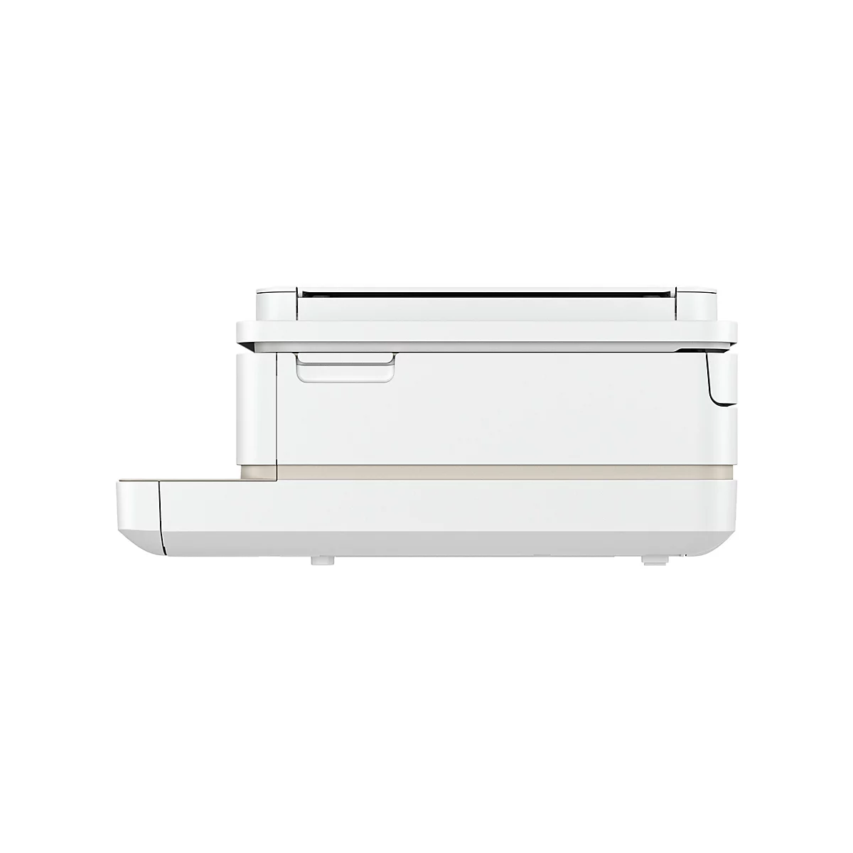 Vue latérale d'une imprimante blanche sur fond blanc. L'imprimante a une forme carrée avec une ligne brun clair le long du bas.