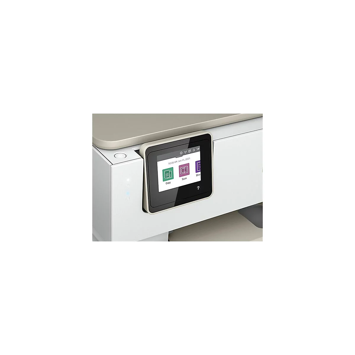 Gros plan de l'écran d'une imprimante blanche. Trois icônes de fonction, date et heure.