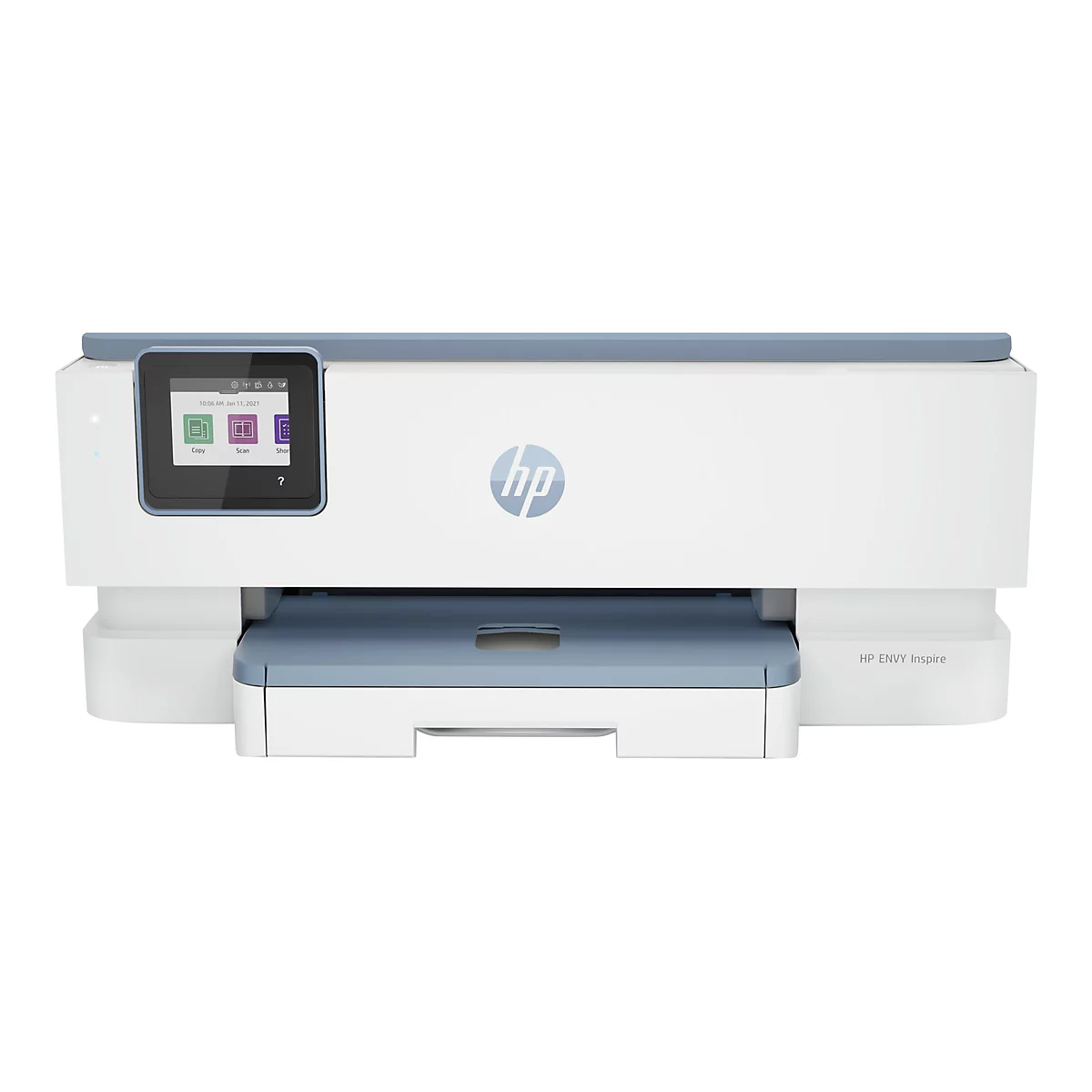 Weißer HP-Drucker mit einem Touchscreen, auf dem Optionen wie Kopieren und Scannen angezeigt werden. Auf dem Drucker steht „HP ENVY Inspire“. 