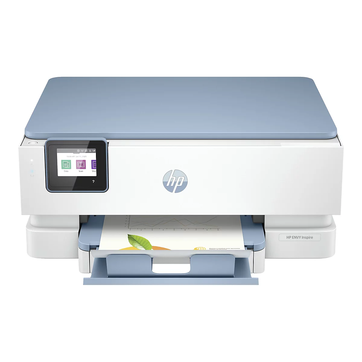 Une imprimante HP ENVY Inspire blanche et bleue. L'imprimante affiche un graphique imprimé et possède un écran tactile avec des options de menu.