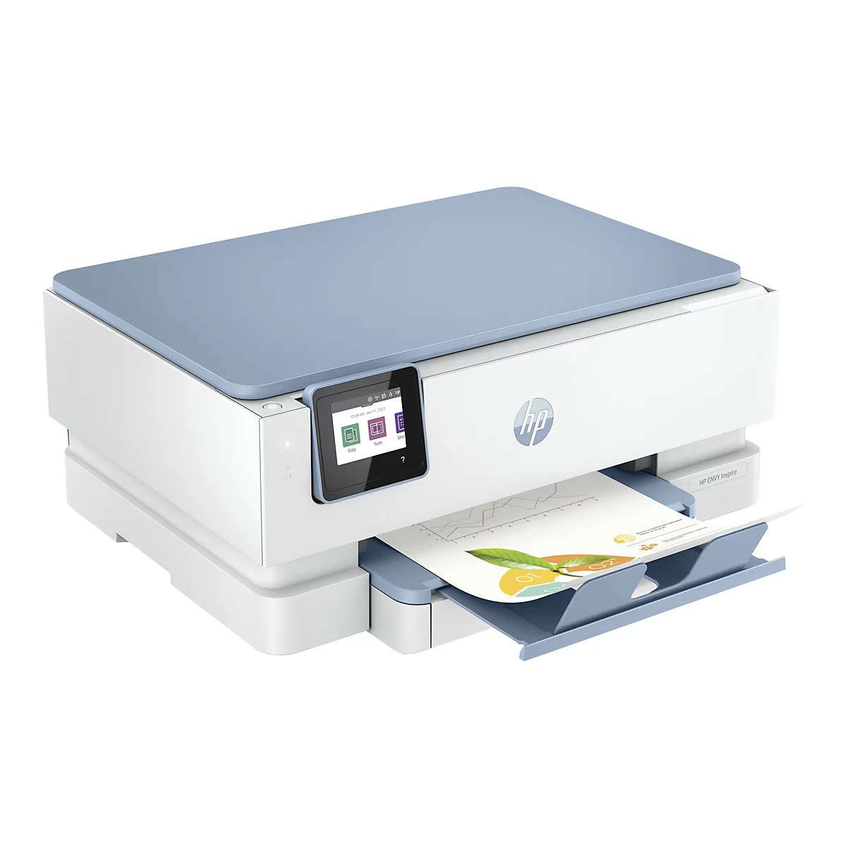 Une imprimante multifonction HP ENVY Inspire blanche et bleue avec un écran et une feuille de papier sortant du bac à papier.