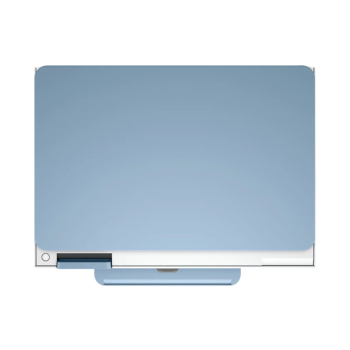 Draufsicht auf einen hellblauen Drucker. Das Papierfach ist hellblau. Auf dem Gehäuse befindet sich ein Power-Knopf.