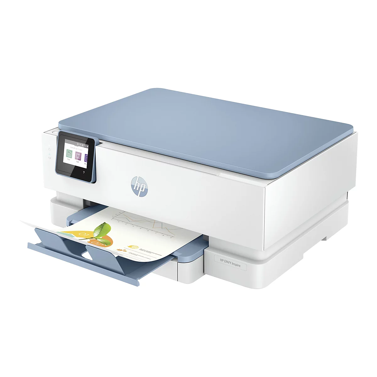 Weiß-blaues HP Envy Inspire Multifunktionsdrucker, Papierausgabe mit Diagramm, Touchscreen.