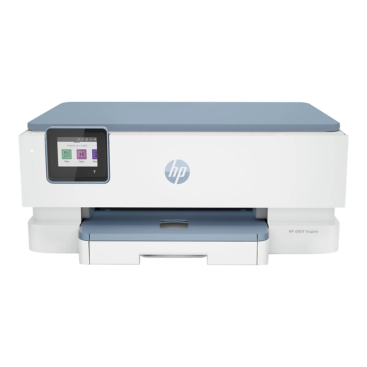 Une imprimante HP ENVY Inspire blanche avec un couvercle et des accessoires bleu-gris, avec un écran tactile et un logo HP.
