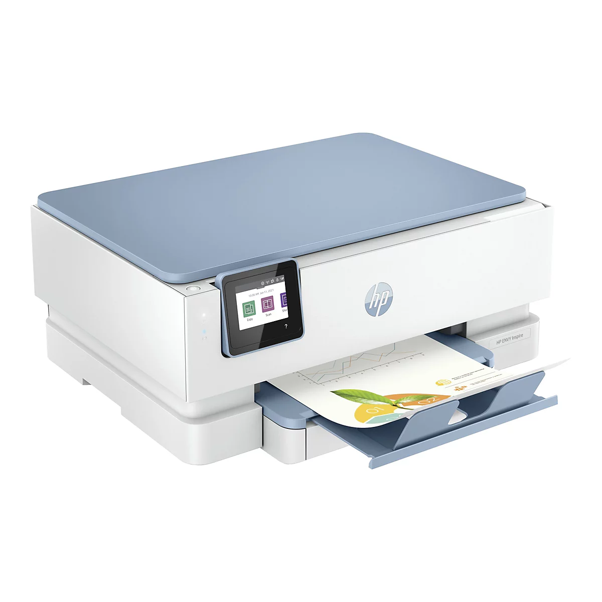 Der HP ENVY Inspire Drucker ist weiß mit blauem Deckel und Fach. Auf dem Touchscreen sind Optionen zum Kopieren und Scannen zu sehen. Ein Blatt Papier liegt im Ausgabefach.