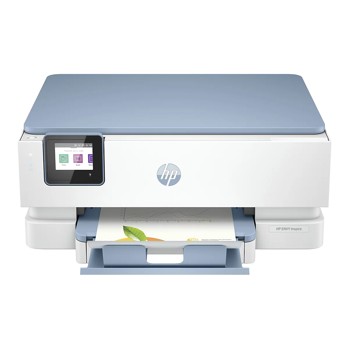 Ein weiß-blauer HP ENVY Inspire Drucker. Auf dem Display ist die Uhrzeit und Funktionen wie Kopieren und Scannen sichtbar.
