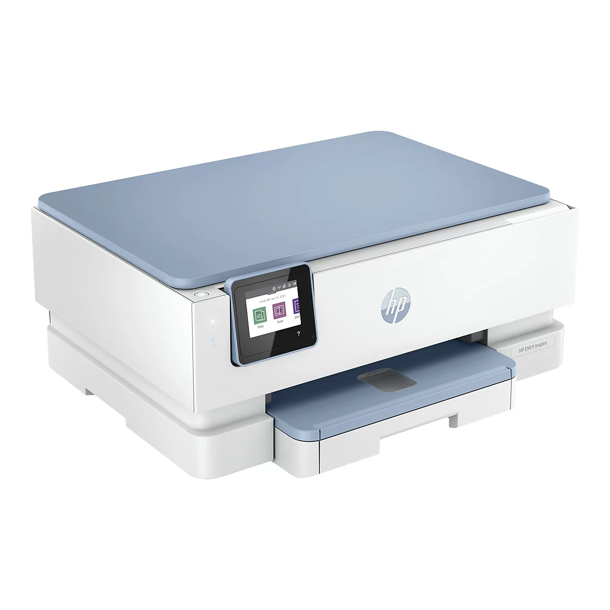 Une imprimante HP ENVY Inspire blanche et bleue. L'écran affiche des options de copie, de numérisation ou d'impression.