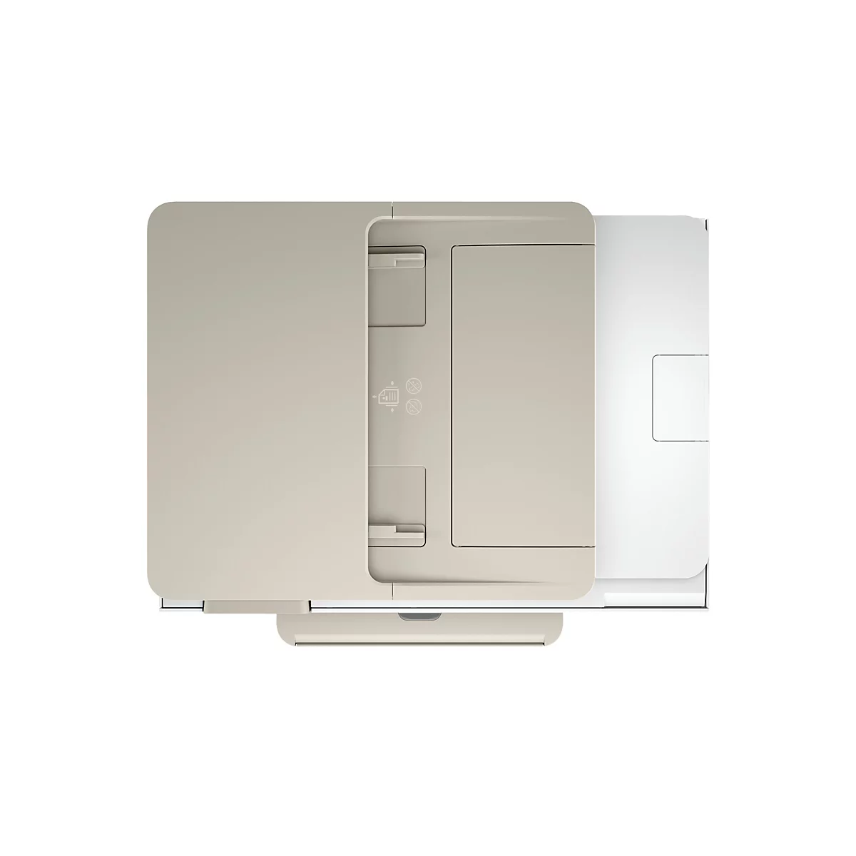 Draufsicht auf einen beigen Drucker mit geöffneter Papierablage. Auf dem Drucker befinden sich Symbole.